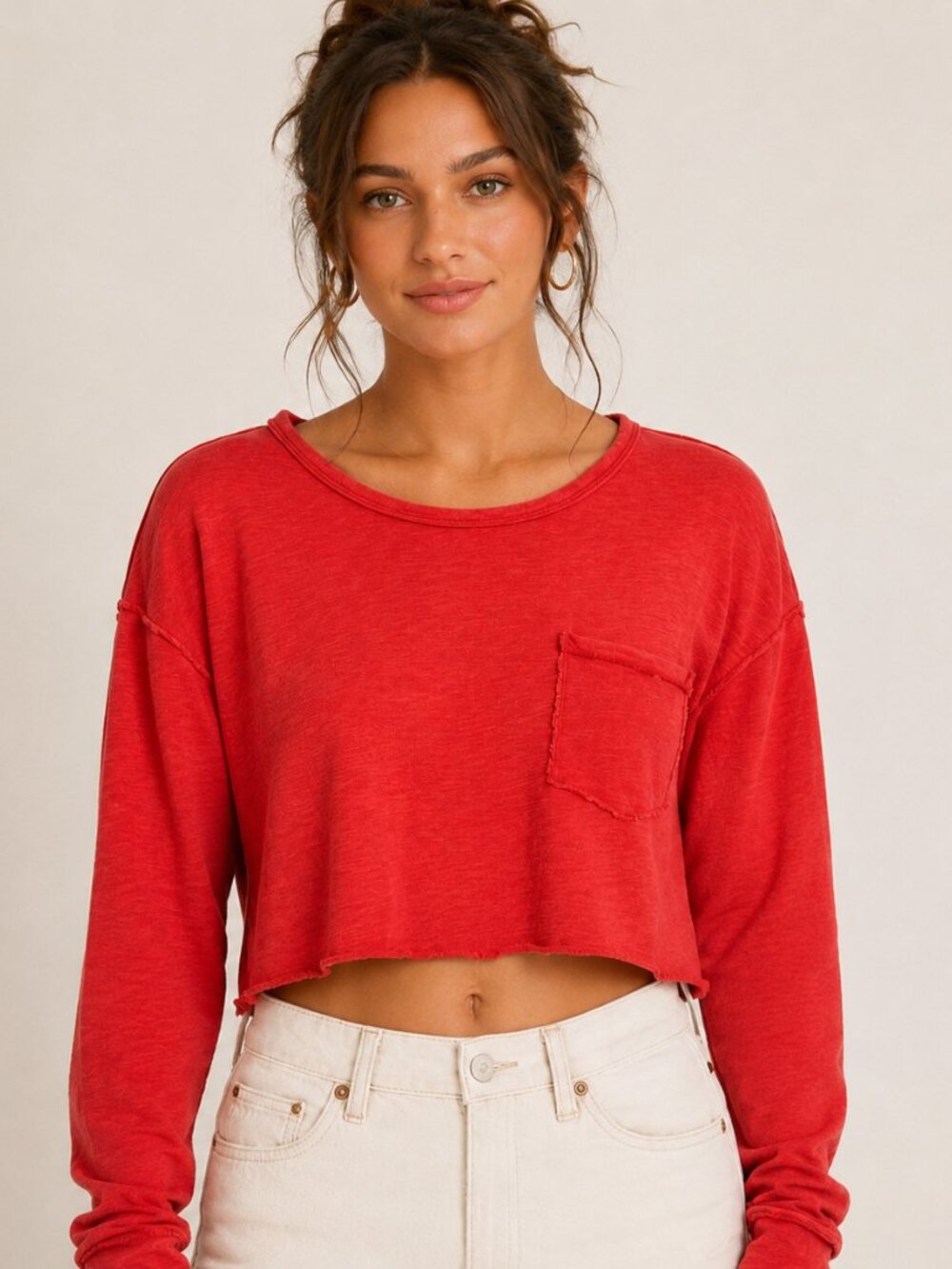 Anthropologie t.la 100% Cotton Tomato Red Cropped Slub Tee Raw Edge Pocket M1438